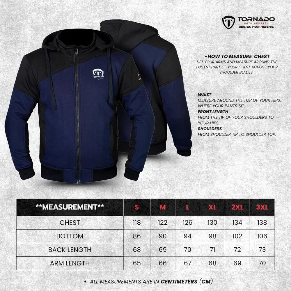 Blue and black motorcycle hoodie  with measurement chart on a gray background