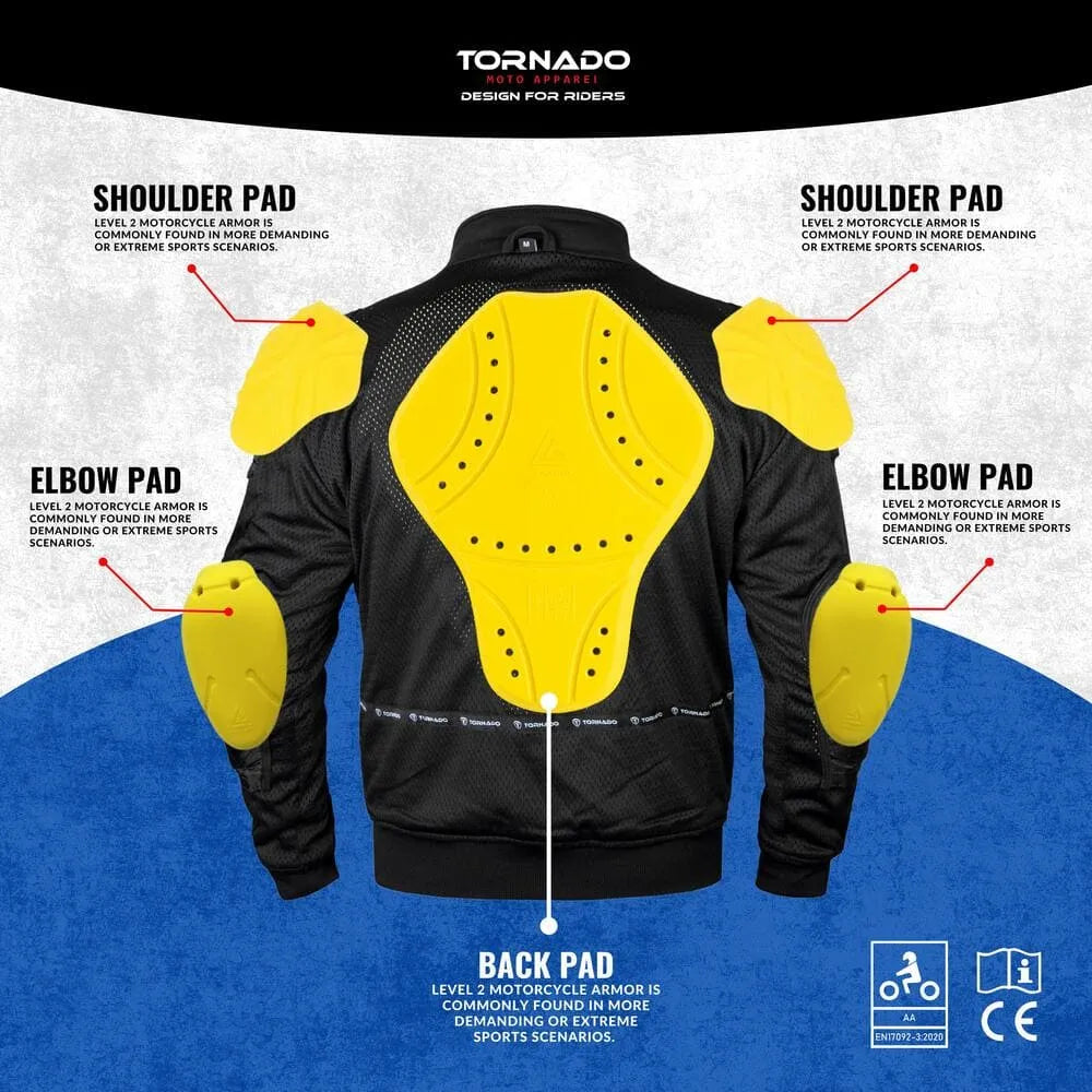 Blue and black motorcycle hoodie  with labeled padding on a blue and gray background