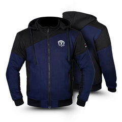 Blue and black motorcycle hoodie  with a brand logo on a white background