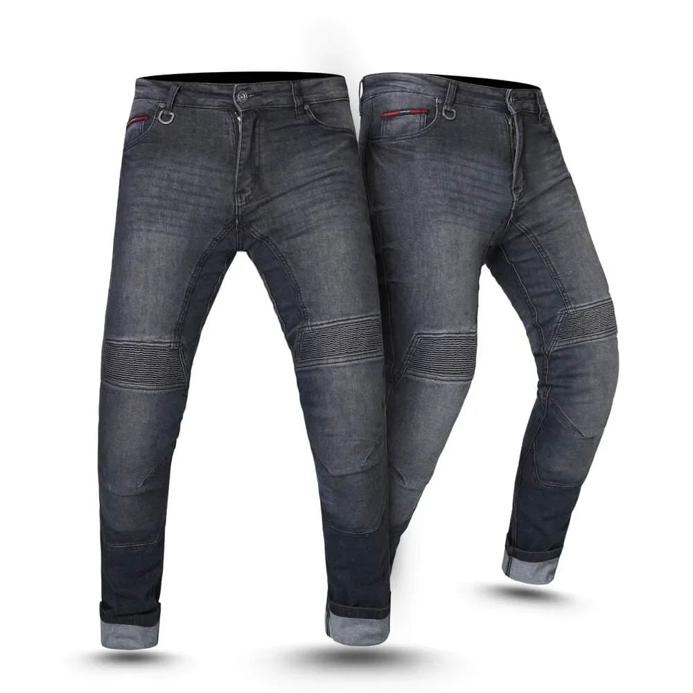 Front view of men's Kevlar-lined motorcycle jeans, CE approved, offering maximum protection for riders in the UK