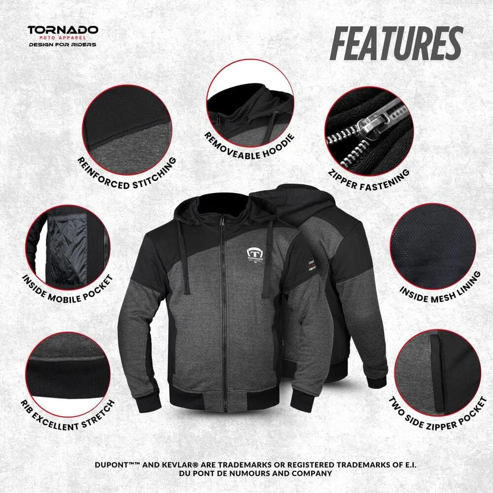 Gray and black motorcycle hoodie with features highlighted on a white background