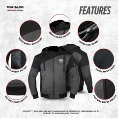 Gray and black motorcycle hoodie with features highlighted on a white background