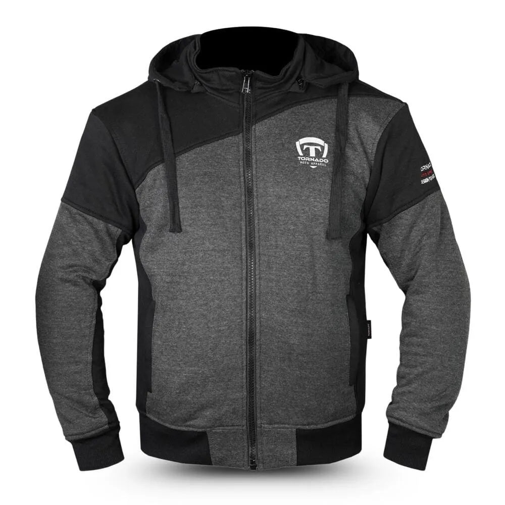 Gray and black motorcycle hoodie with brand logo on a white background
