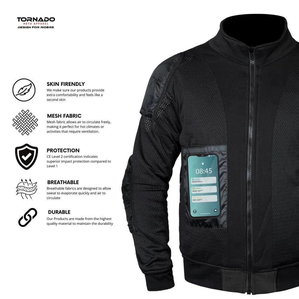 Gray and black motorcycle hoodie with digital display on sleeve, featuring Tornado brand, on a white background.