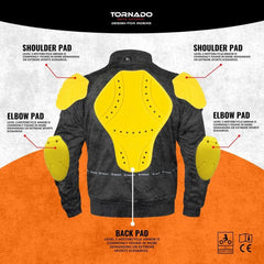 Gray and black motorcycle hoodie with labeled shoulder, elbow, and back pads on a gray and orange background.