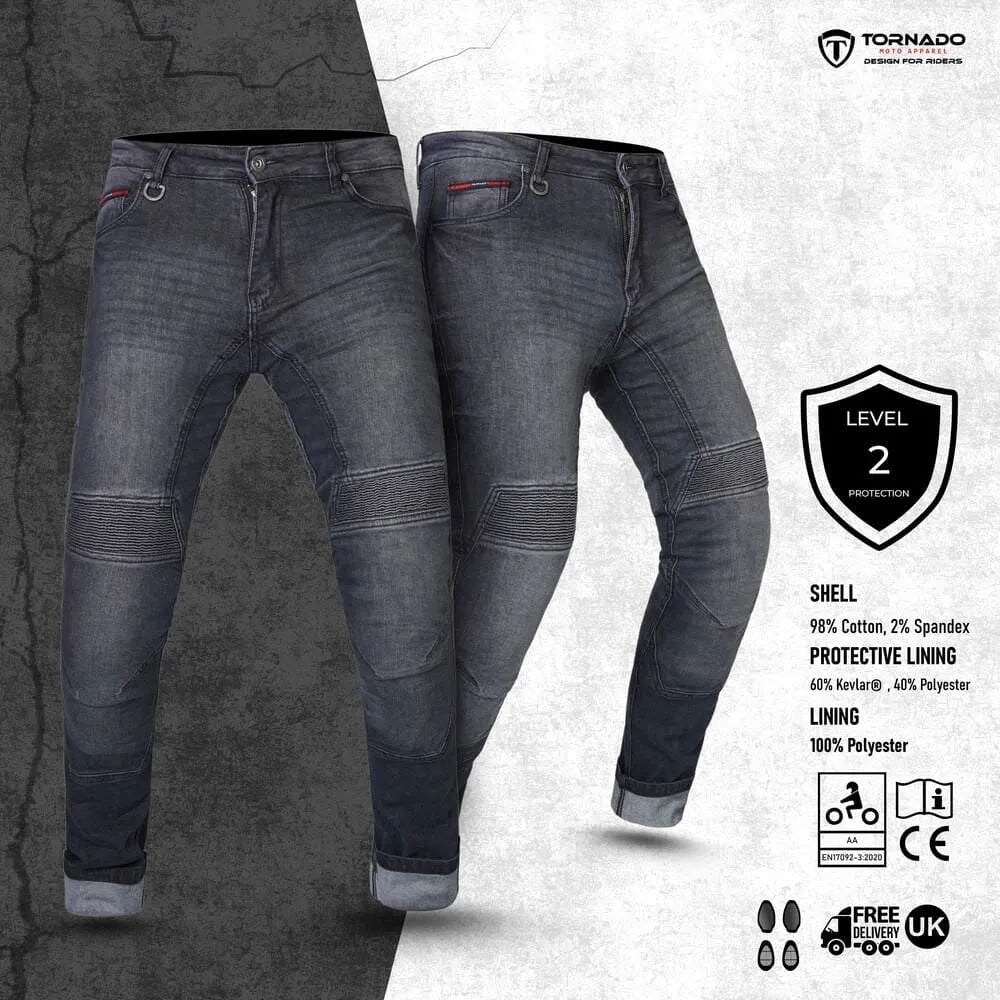 Men's armoured motorcycle jeans with Kevlar lining, designed for optimal protection during extreme sports or daily riding