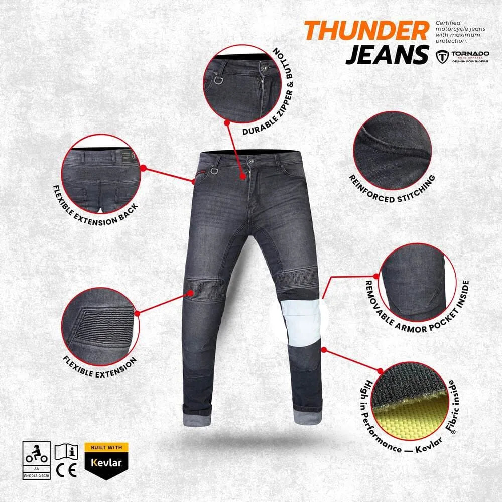 Close-up of protective features on men's motorcycle jeans, highlighting Kevlar lining and impact-resistant knee pads.