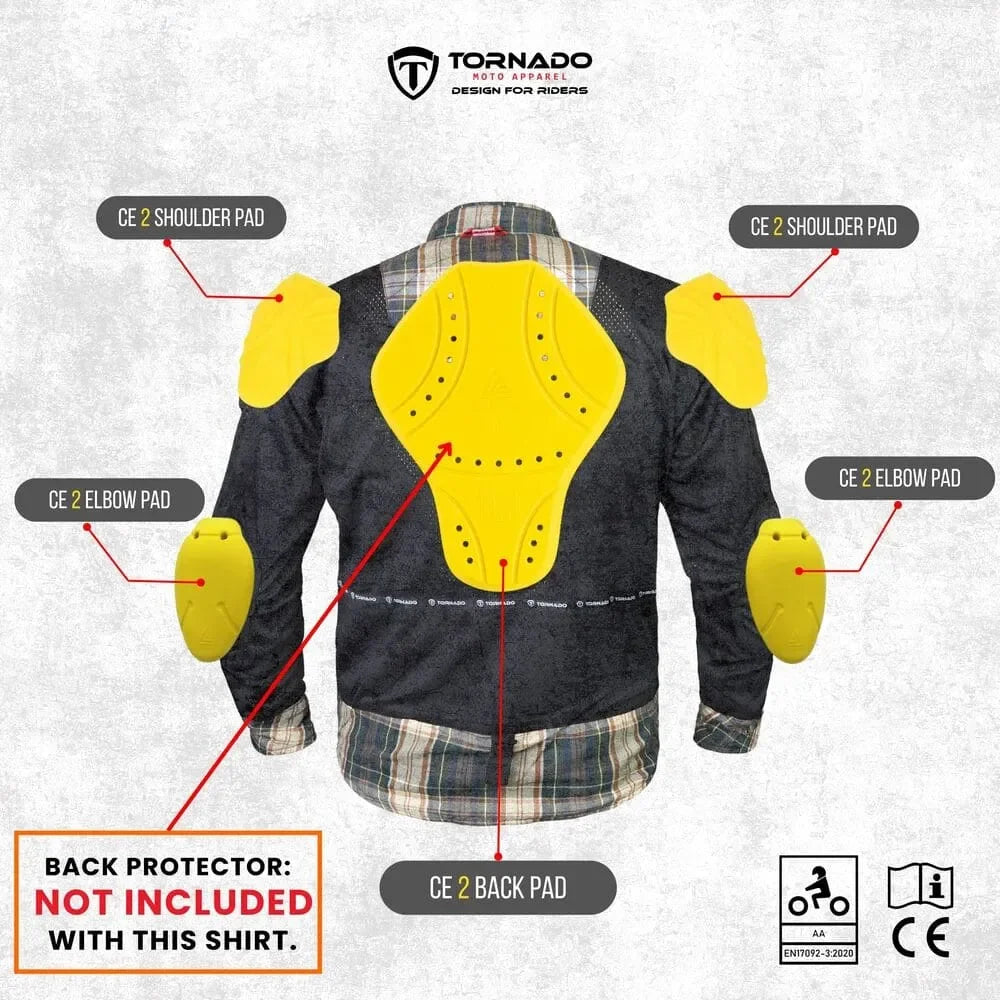Diagram showing CE Level 2 shoulder, elbow, and back pad positions for men’s Kevlar motorcycle shirt; back protector not included.