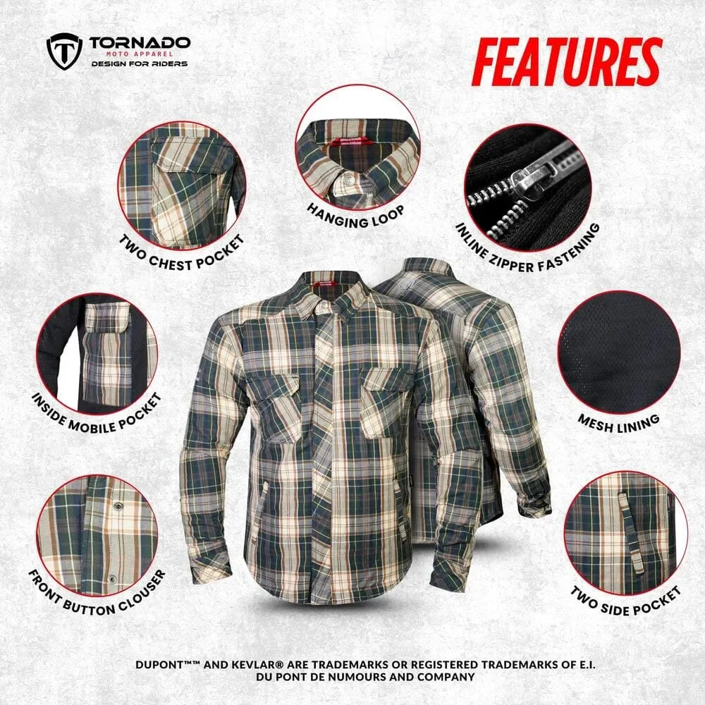 Feature highlights of men’s Kevlar motorcycle shirt showing chest pockets, zipper fastening, inside mobile pocket, mesh lining, and button closure.