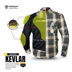 Kevlar protection layout showing high-performance Kevlar fiber coverage on shoulders, elbows, and back in a men’s motorcycle shirt.