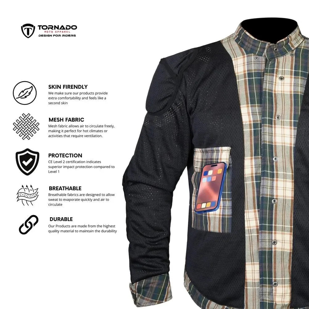 Inside view of men’s Kevlar motorcycle shirt showing mesh lining, CE Level 2 armor pockets, and breathable protective fabric.