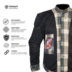 Inside view of men’s Kevlar motorcycle shirt showing mesh lining, CE Level 2 armor pockets, and breathable protective fabric.