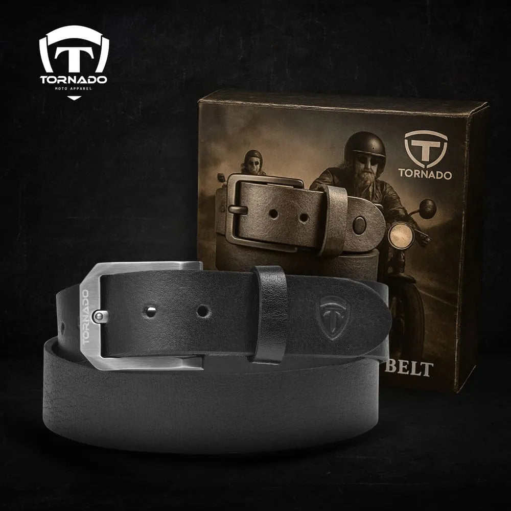 Black leather belt with Tornado logo in front of a matching belt box on a dark background
