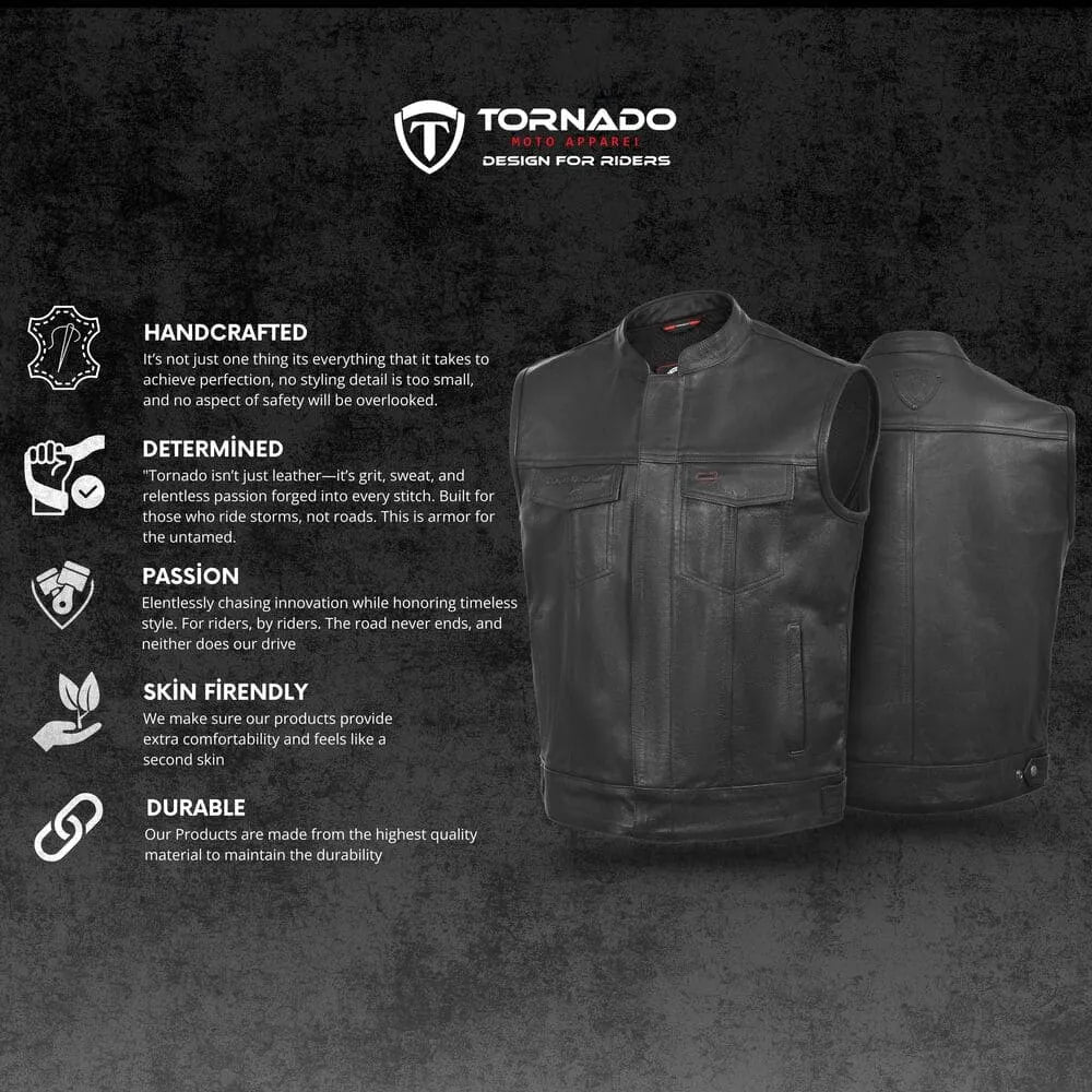 Black leather vest with Tornado brand branding on a dark background