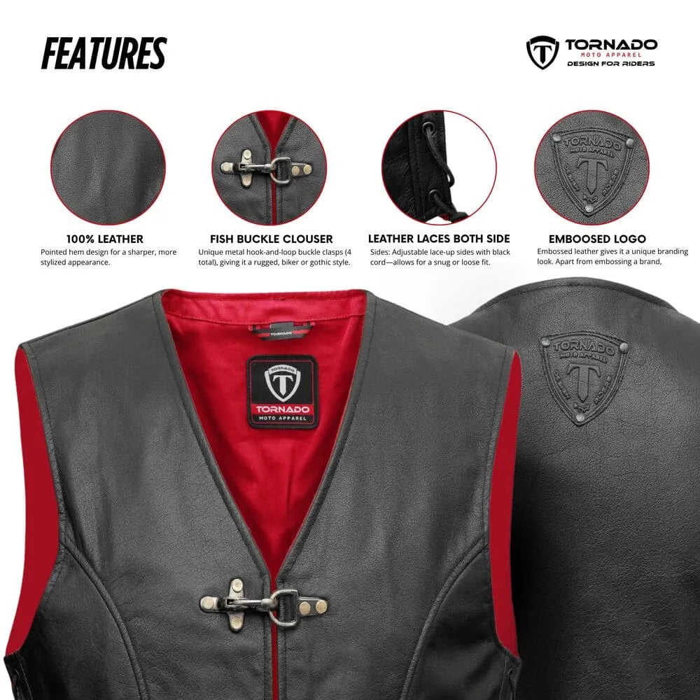 Close-up of men's leather biker vest showing Tornado branding and red interior. Features include metal buckle closures and side laces for an adjustable fit