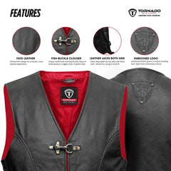 Close-up of men's leather biker vest showing Tornado branding and red interior. Features include metal buckle closures and side laces for an adjustable fit