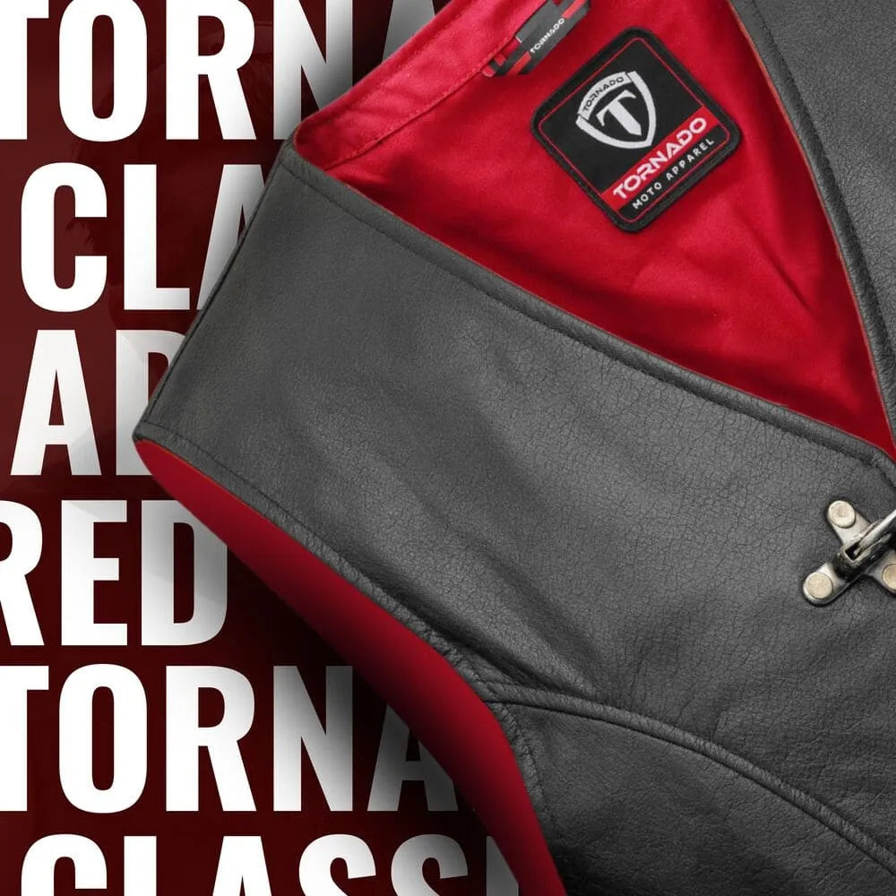 Close-up of men's leather biker vest showing Tornado branding and red interior. Features include metal buckle closures and side laces for an adjustable fit