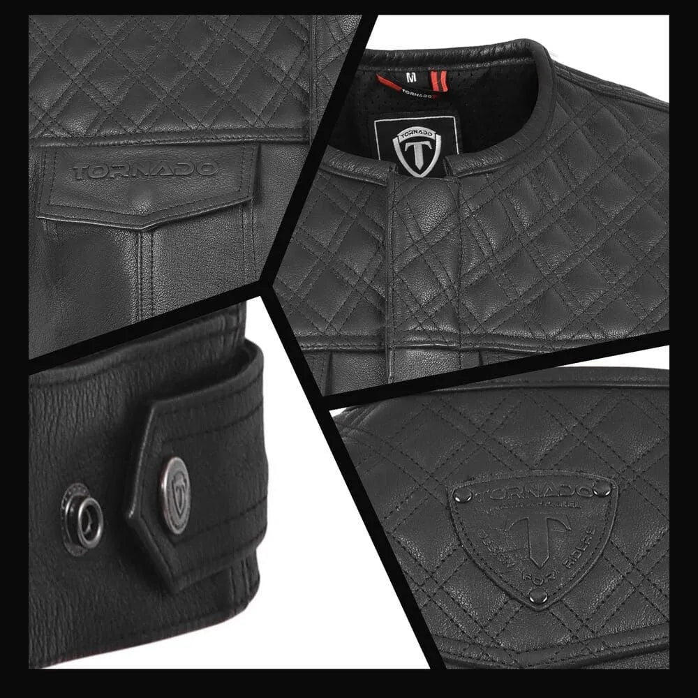 Collage view highlighting the details of men's leather biker vest with quilted shoulders and Tornado logo. Showcasing functional features like pockets and snap button closures.