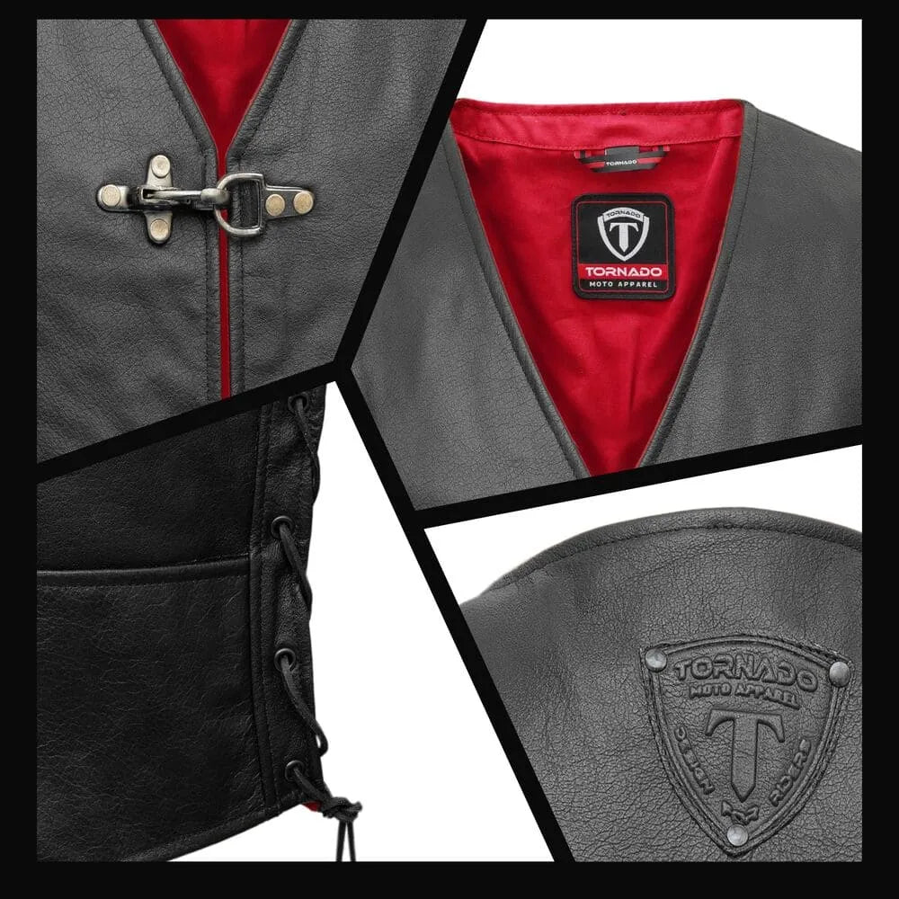 Men's black leather biker vest with fish buckle closures and adjustable side laces for a custom fit. Tornado logo embossed on the back for a bold, stylish look
