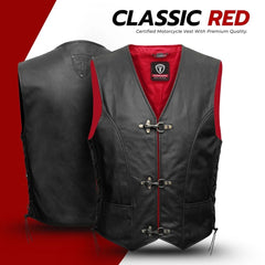 Men's black leather biker vest with detailed stitching and Tornado branding. A premium motorcycle vest with adjustable side laces for a custom fit and metal buckle closures.