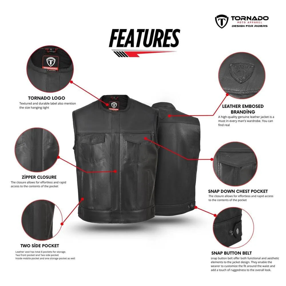 Features of the men's real leather biker waistcoat, showing the Tornado logo, leather-embossed branding, and snap button belt. Includes zipper closure and two side pockets for convenience. A top-quality leather motorcycle vest designed for both fashion and functionality