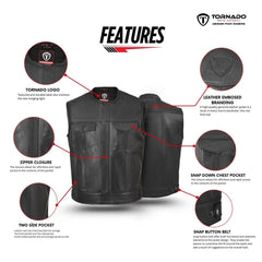 Features of the men's real leather biker waistcoat, showing the Tornado logo, leather-embossed branding, and snap button belt. Includes zipper closure and two side pockets for convenience. A top-quality leather motorcycle vest designed for both fashion and functionality