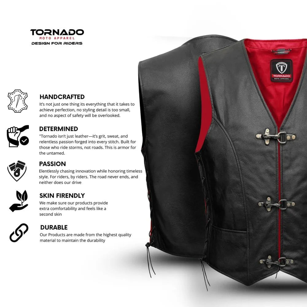 Men's real leather biker vest with Tornado branding and embossed logo. Featuring adjustable side laces and premium buckle closures, perfect for motorcycle riders