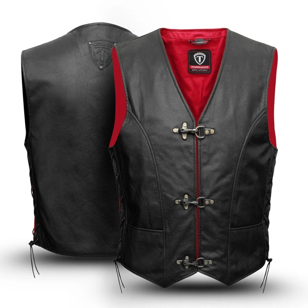 Men's black leather biker vest with red interior and metal buckle closures. Features adjustable laces on the sides for a custom fit. Ideal for motorcycle riders seeking both style and protection