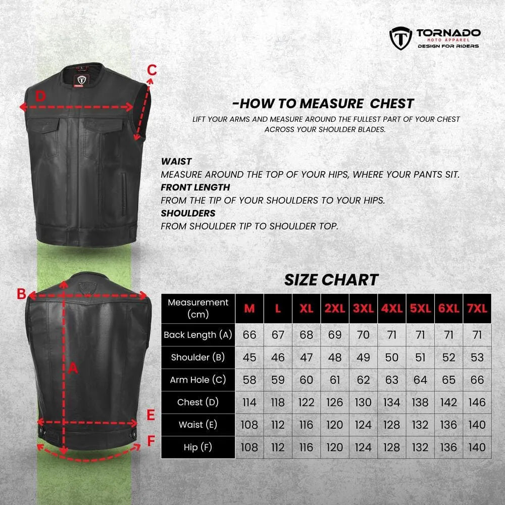 Size chart for men's leather biker vest, with detailed measurements for chest, waist, shoulder, and hip. Perfect fit for every rider. Easy-to-follow guide for selecting the right size