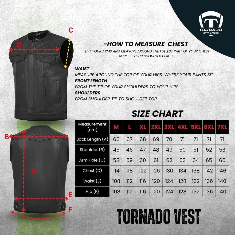 Size chart for men's leather biker vest showing detailed measurements for chest, waist, shoulder, and hip. Guide for selecting the perfect size for riders
