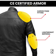 Black leather jacket with yellow arm and shoulder padding, CE certified armor label.