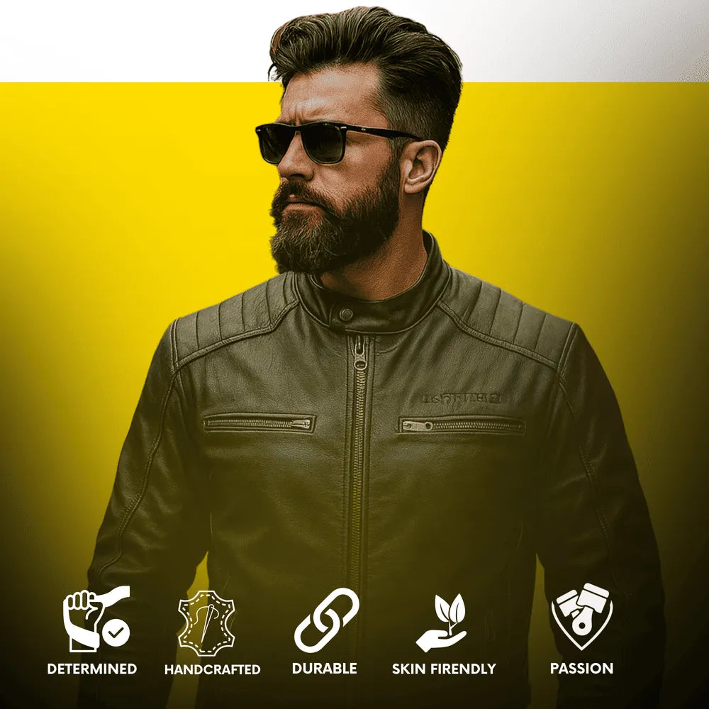 Man wearing a leather jacket with brand name on a yellow background