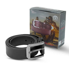 Black belt with silver buckle next to its packaging on a white background