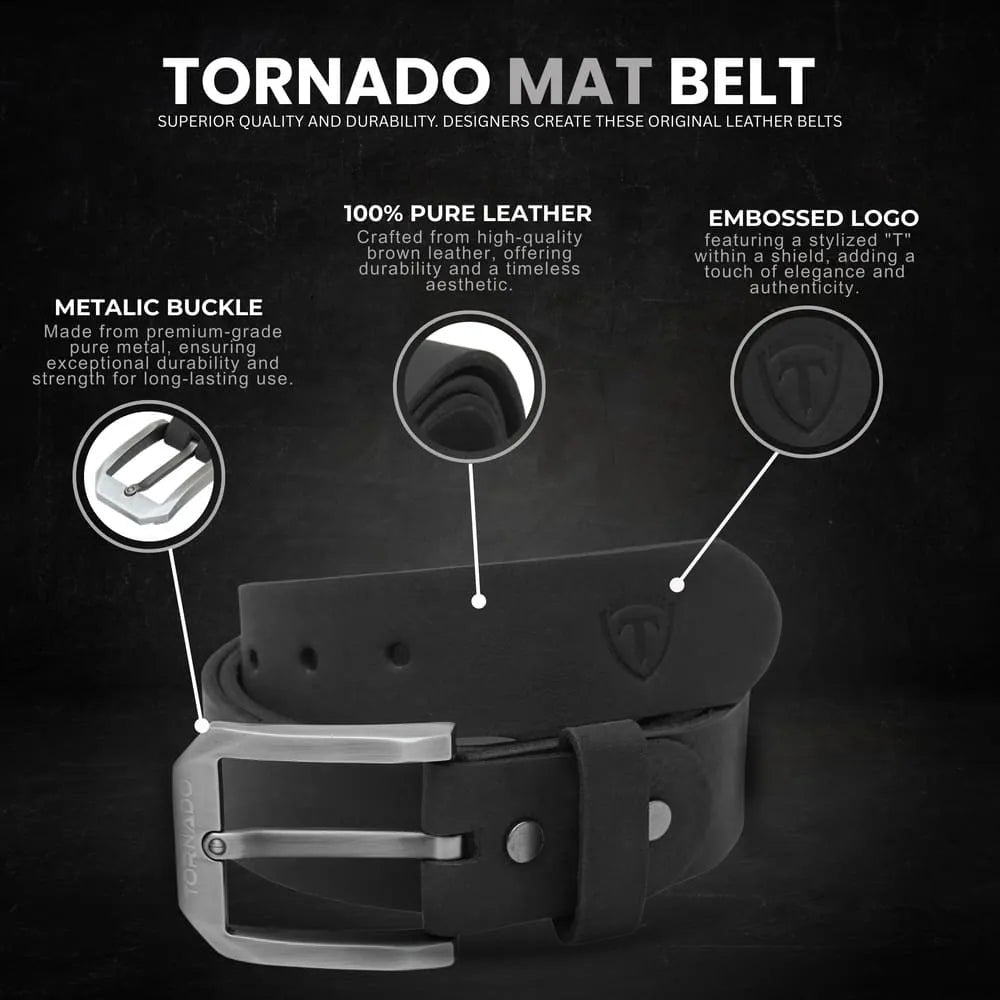 Black leather belt with metallic buckle on a dark background, featuring text about belt quality and design.