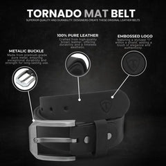 Black leather belt with metallic buckle on a dark background, featuring text about belt quality and design.