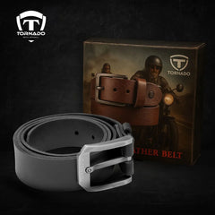 Two leather belts, one black and one brown, with Tornado Moto Apparel packaging on a dark background.