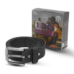 Black leather belt with silver buckle next to its packaging box on a white background