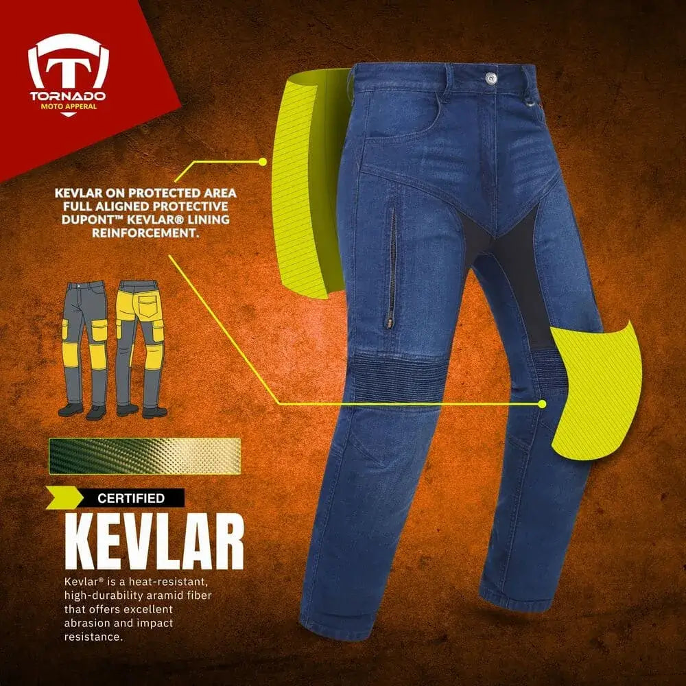 blue motorcycle jeans with knee pads on an orange background, featuring Tornado brand logo.