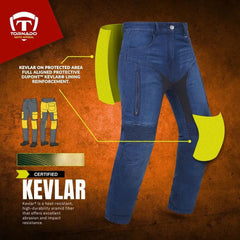 blue motorcycle jeans with knee pads on an orange background, featuring Tornado brand logo.