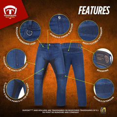 blue motorcycle jeans with features highlighted on a brown background, featuring Tornado Moto Apparel logo.