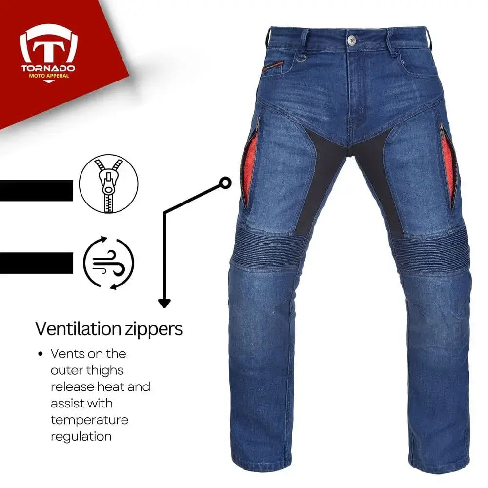 blue motorcycle jeans with ventilation zippers on a white background, featuring Tornado logo.