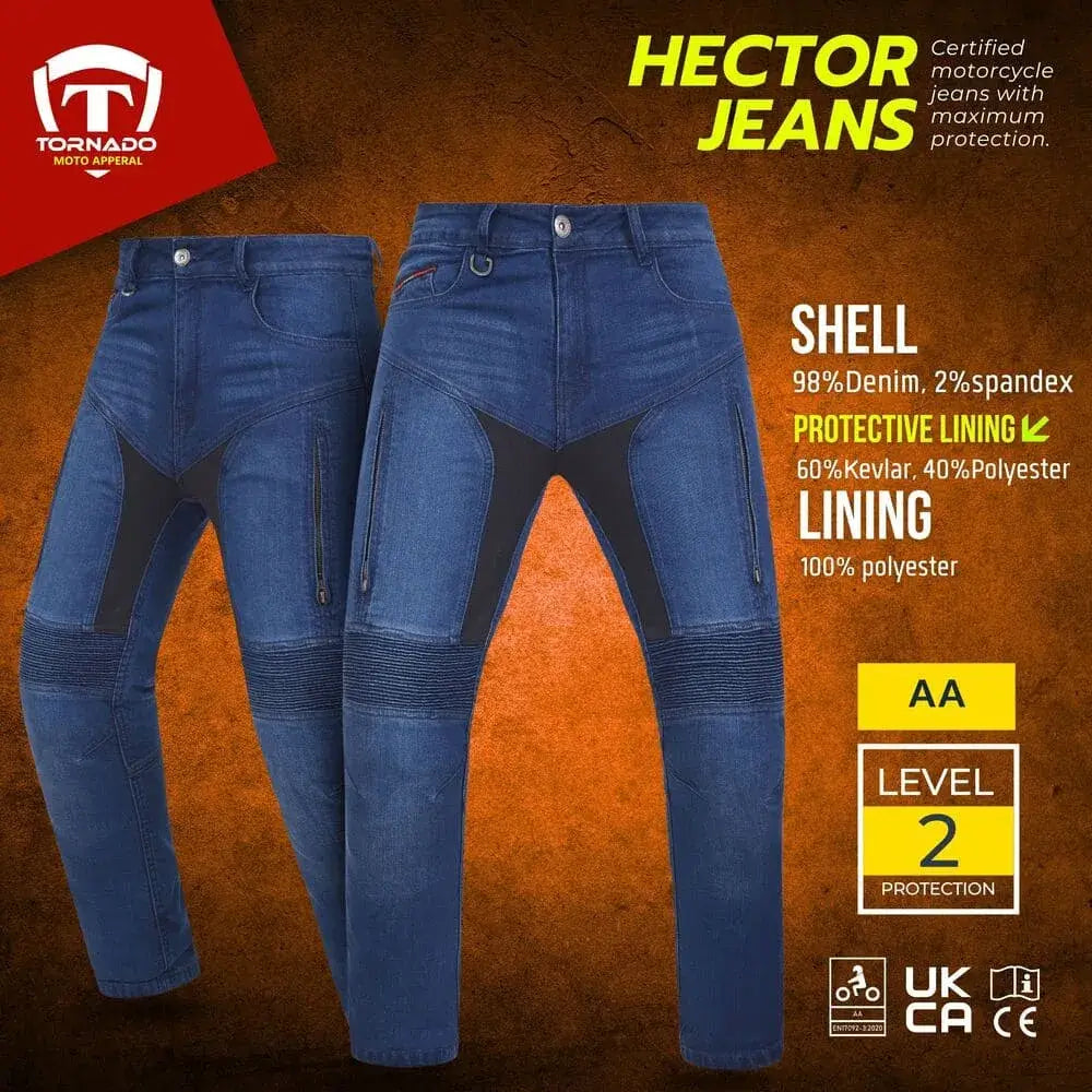 Blue motorcycle jeans with protective lining on a brown background, featuring Tornado Moto Apparel logo.