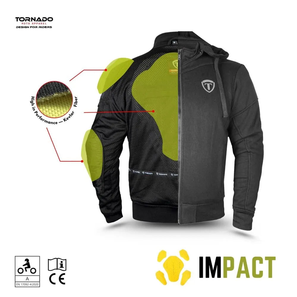 Black motorcycle hoodie with high-performing Kevlar fiber feature on a white background