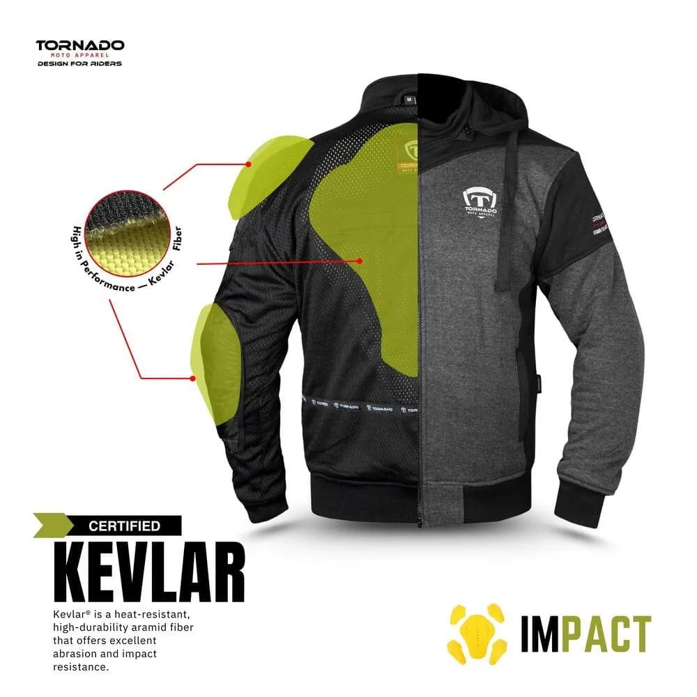 Gray and black motorcycle hoodie with green elbow pads, featuring Kevlar certification on a white background.