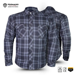 Front view of men’s lumberjack motorcycle shirt reinforced with protective Kevlar lining