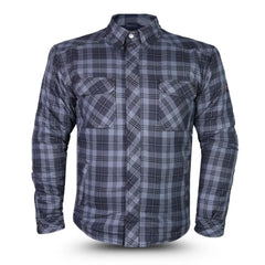 Front view of men’s lumberjack motorcycle shirt reinforced with protective Kevlar lining