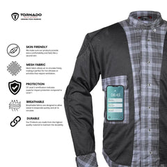Motorcycle back protector size and compatibility guide with safety note for Tornado Moto shirts