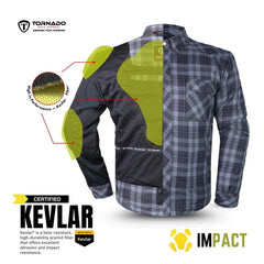 Men’s motorcycle Kevlar shirt with highlighted CE armour placement for shoulders, elbows, and back