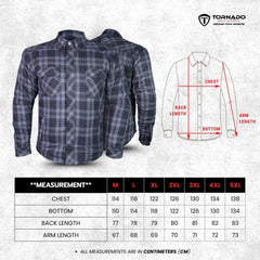 Lumberjack motorcycle Kevlar shirt with full-size chart showing chest, sleeve, and waist measurements