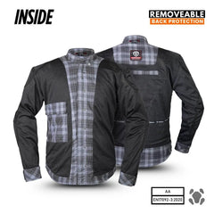 Inside view of men’s motorcycle riding shirt in a blue lumberjack design reinforced with Kevlar.